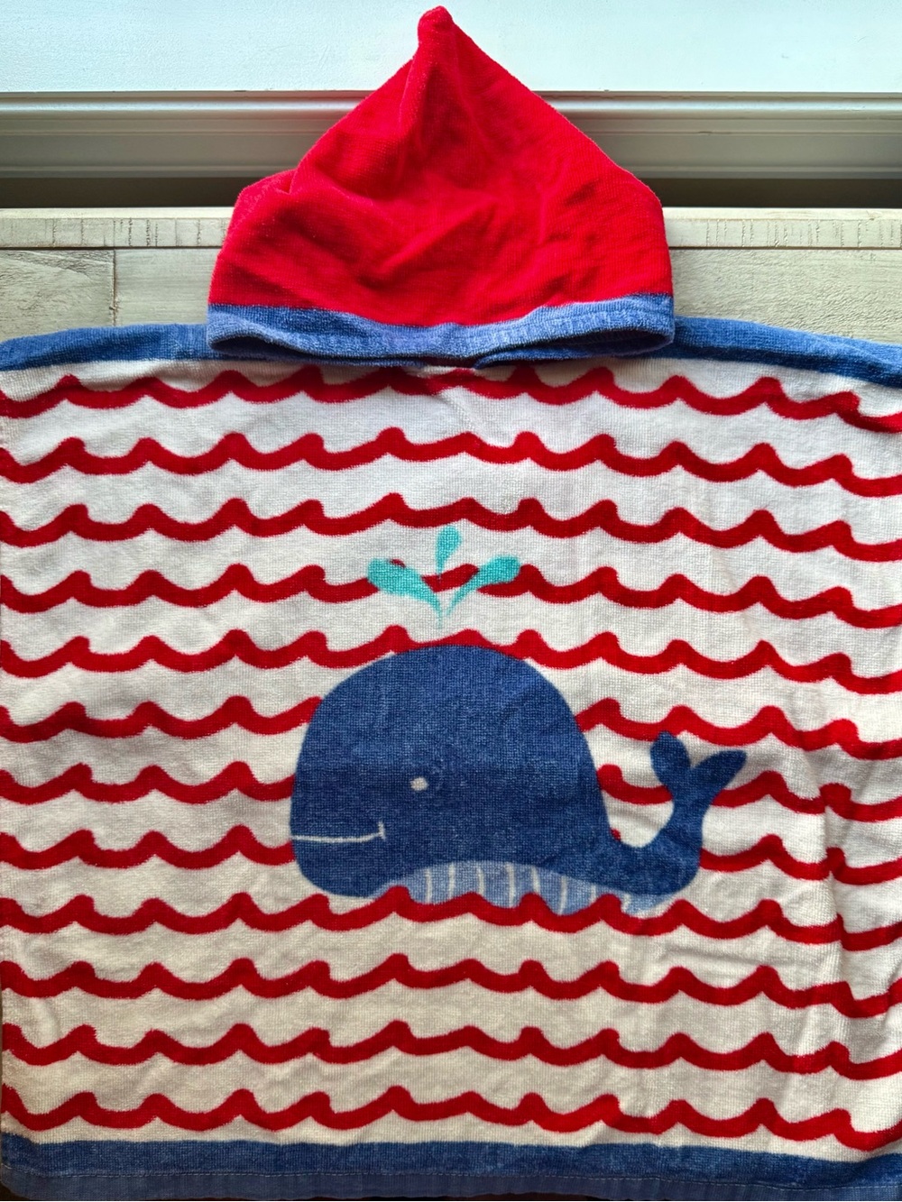 Nautical themed Towel Poncho toddler hooded towel EUC red white & blue